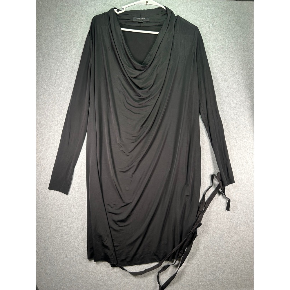 AllSaints Amei Black Cowl Neck Long Sleeve Mini Dress S Adjustable Internal Ties